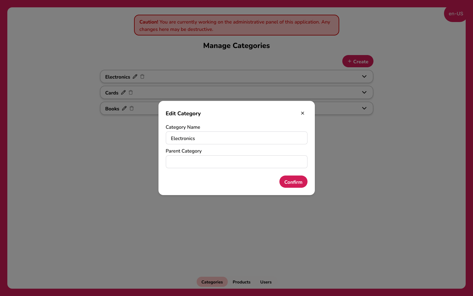 Edit Categories Screen